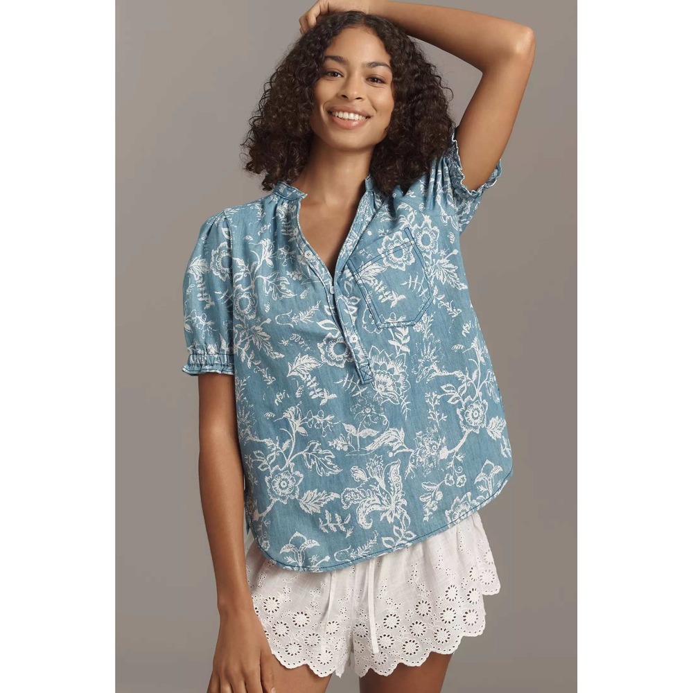 NEW Anthropologie Pilcro Aly Puff-Sleeve Blouse L Light Blue Denim Boho Western